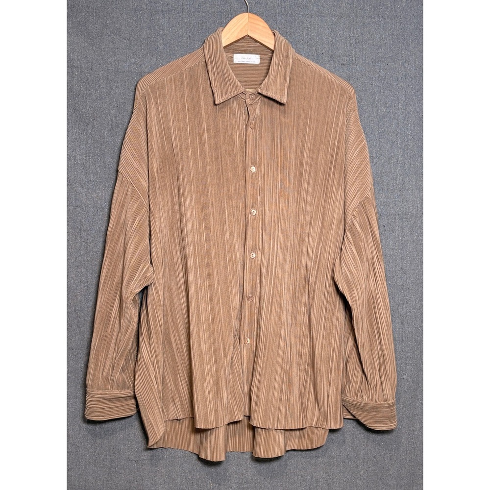 Oak + Fort Womens Plisse Pleated Oversized Button Down Shirt Tan Brown Small